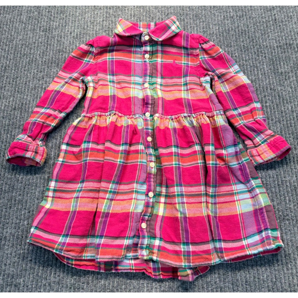 Ralph Lauren Toddler Girls Pink Plaid Flannel Button Down Shirt Dress 24M